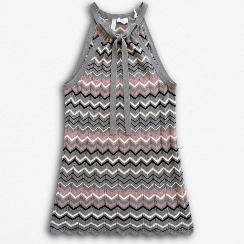 Halter Neck Chevron Knit‎ Mini Dress Grey Pink Zig Zag Scalloped Hem Sleeveless
